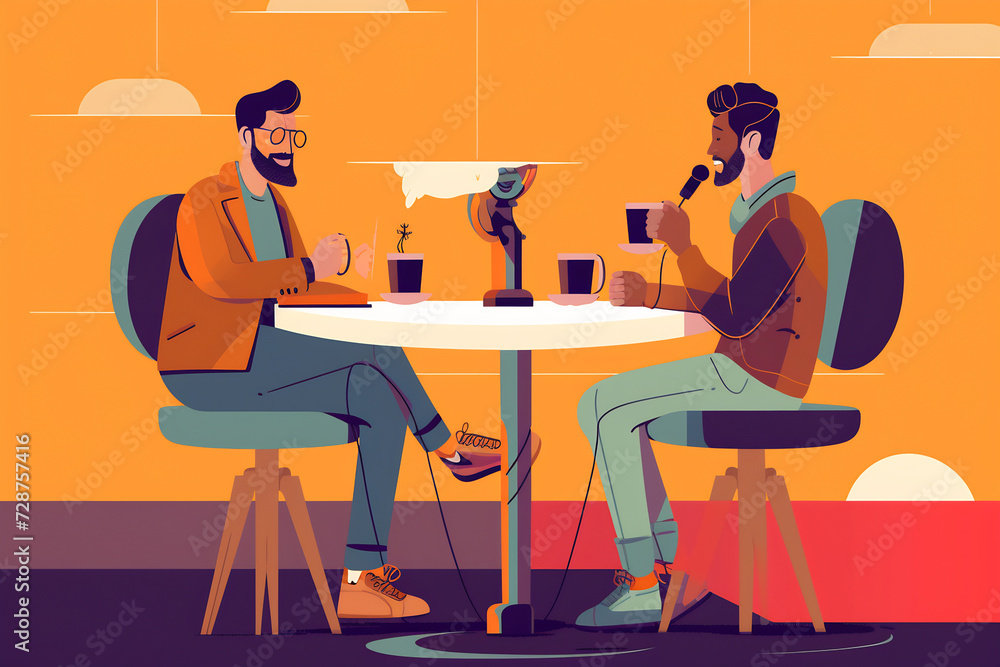Fototapeta premium Illustration of two men talking on live streaming. Concept of the podcast in the studio. People in headphones on, interview, broadcast, recording audio, online show