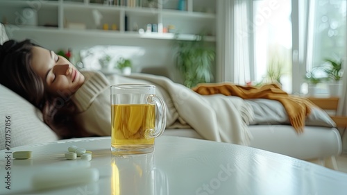 an empty white table adorned with vitamins and a steaming cup of hot tea, with a woman peacefully sleeping on a bed in the background, set within a bright living room boasting modern minimalist decor,