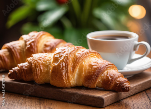 Morning breakfast. Croissant and coffee on the table