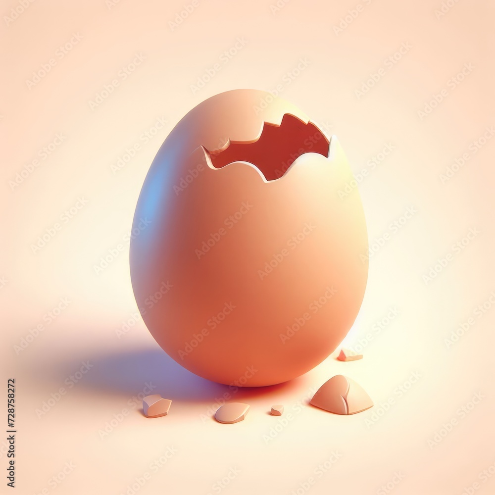 Cute 3D Cartoon Eggshell. 3D minimalist cute illustration on a light background.