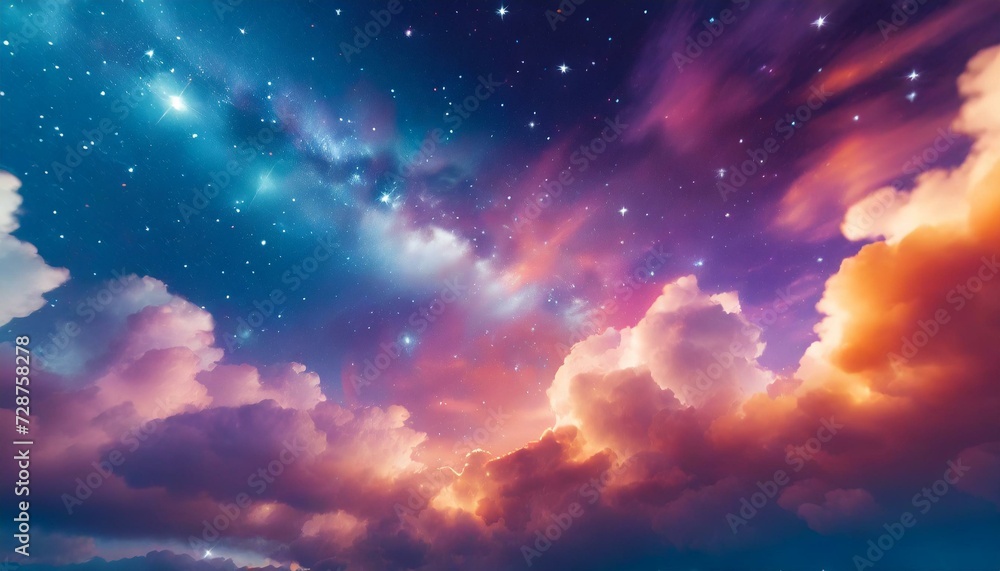 Abstract colorful night sky banner - vibrant colored clouds, some stars glowing