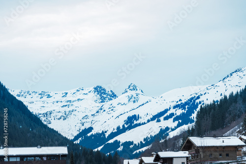 Beautiful snow-capped alpine mountain range with houses and trees in the valley below. The scene is serene and peaceful  emanating a sense of calm  the beauty and majesty of the natural world