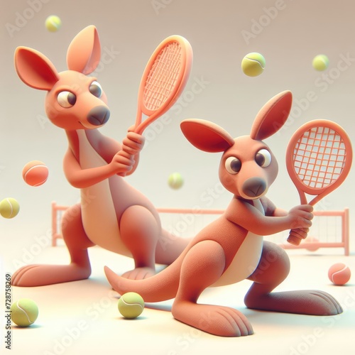 Cute 3D Cartoon Kangaroos Playing Tennis. 3D minimalist cute illustration on a light background. © leographics