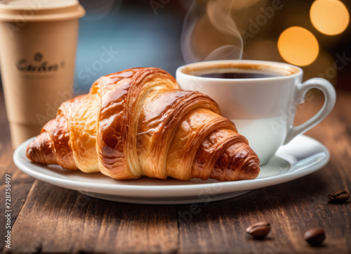 Morning breakfast. Croissant and coffee on the table