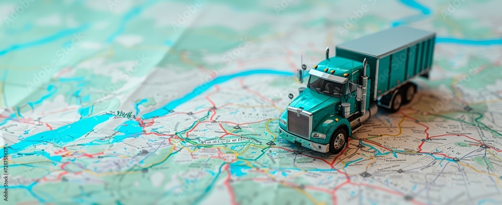  green truck with container riding  on a map. horizontal background, copy space for text, transportation and logistics concept