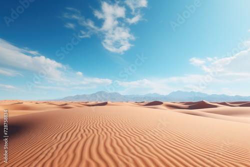 Pristine, untouched sand dunes stretch across a desert landscape, portraying the natural cleanliness of untouched terrain. Generative Ai.