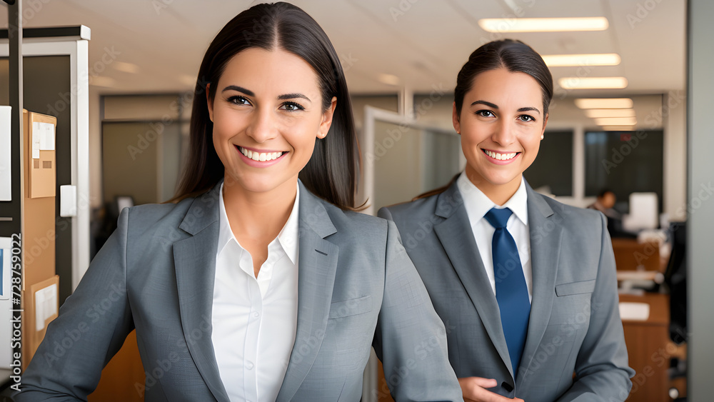 Two smiling businesswomen in suits, office backdrop Two smiling businesswomen in suits, office backdrop