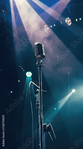 A microphone on a stage with lights in the background.