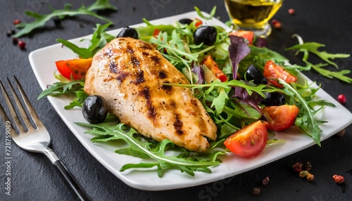 Grilled chicken fillet with fresh vegetables on plate; green salad with arugula, onion, tomatoes and olives
