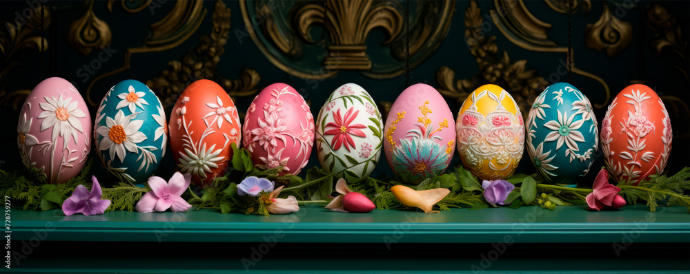 A row of brightly colored eggs are neatly arranged on a green shelf, showcasing intricate patterns and vibrant hues. Highlights the art of decorating Easter eggs
