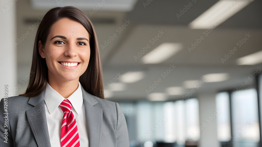 Joyful businesswoman, gray suit, striped tie, office