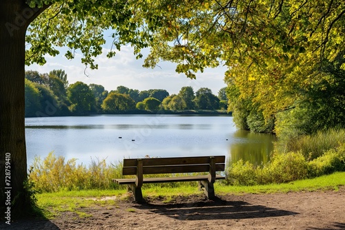 A serene photo capturing the harmonious convergence of a solitary park bench nestled beside a majestic tree adjacent to a calm, reflective lake.