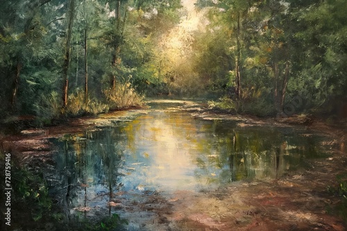 In this captivating painting, a tranquil river winds its way through a lush forest, creating a mesmerizing tableau.