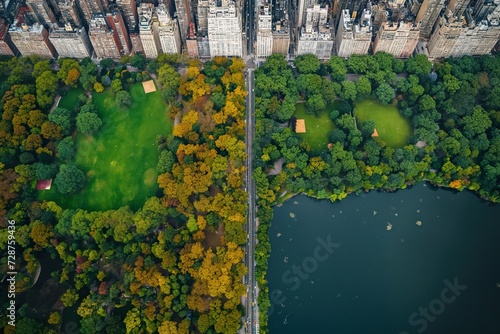 An aerial view captures the stunning sight of a city park, adorned with lush greenery and a sparkling lake, offering a tranquil escape within the bustling urban landscape.