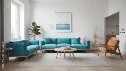 Interior design of living room with turquoise armchair and wooden coffee table. White wall with copy space