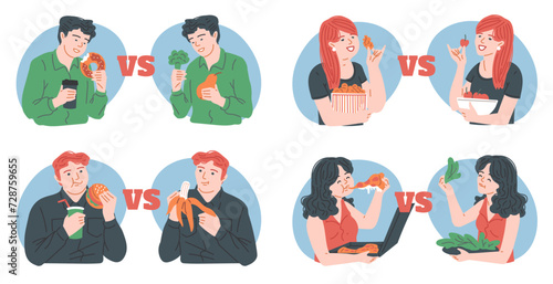 Choice between healthy and unhealthy food, banners set flat vector isolated.