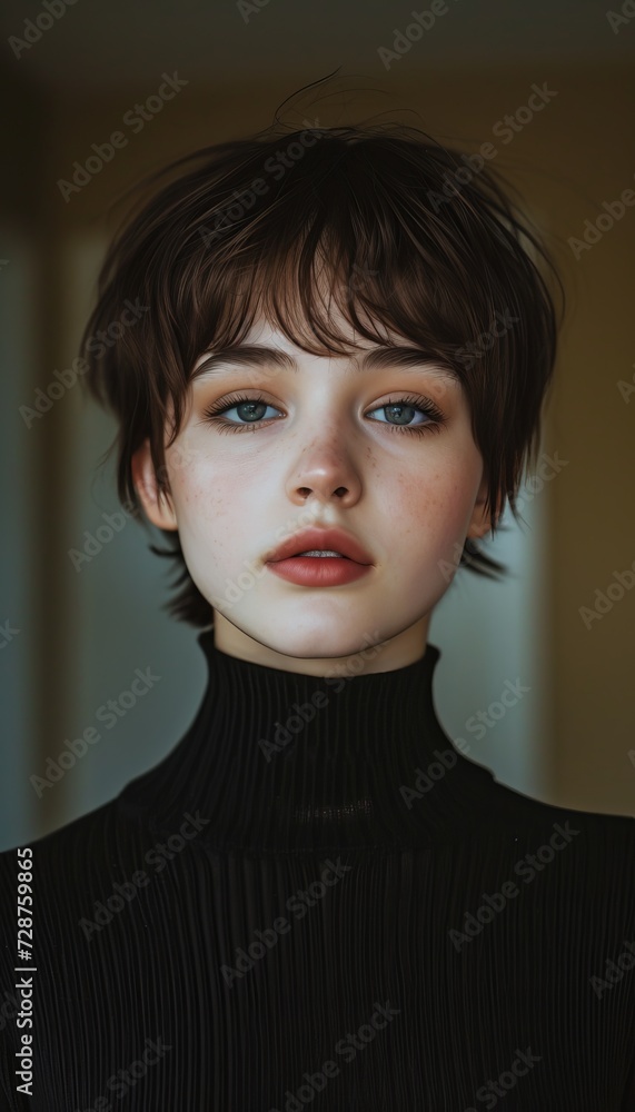 Close-up portrait of a young girl with short brown hair, blue eyes, and freckles, with a neutral expression. This image is fitting for beauty, adolescence, and emotional wellness themes Close-up portrait of a young girl with short brown hair, blue eyes, and freckles, with a neutral expression. This image is fitting for beauty, adolescence, and emotional wellness themes