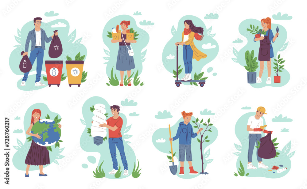Various volunteering vector set, ECO friendly characters collect waste, planting trees, Environmental care, Save nature