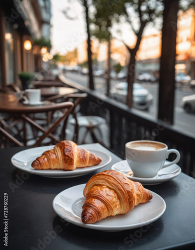 Croissant and cup of coffee on a table outdoors