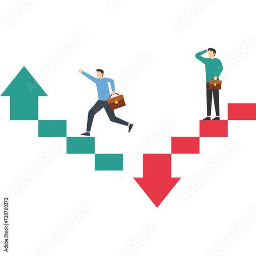 Ladder to success, Progress, and setbacks in business concept. losses and gains in investment. Young sad businessman and happy businessman. flat vector illustration on a white background. Ladder to su