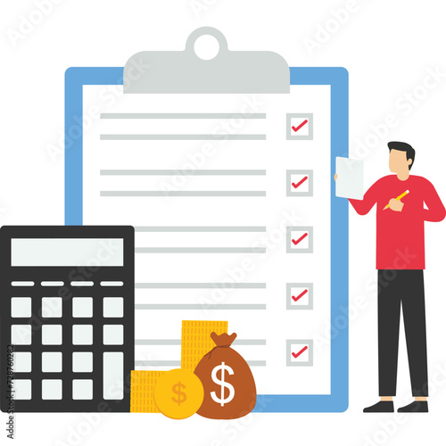 Income tax filing, calculate revenue and filling tax form, expert complete checklist for all reduction, refund and payment concept, expertise businessman completed tax filing form with calculator.
