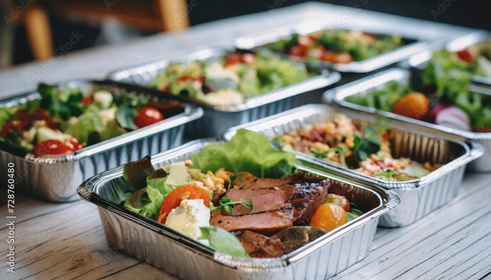 Close up of tasty food in foil containers. Meal with vegetables, meat and greens. Balanced and healthy nutrition Close up of tasty food in foil containers. Meal with vegetables, meat and greens. Balanced and healthy nutrition