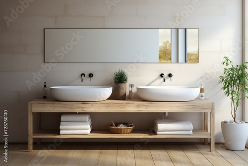 minimalistic design White and wooden bathroom with double sink