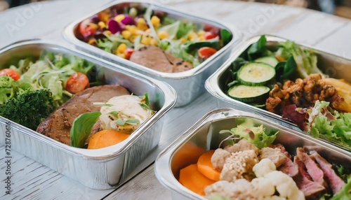 Close up of tasty food in foil containers. Meal with vegetables, meat and greens. Balanced and healthy nutrition
