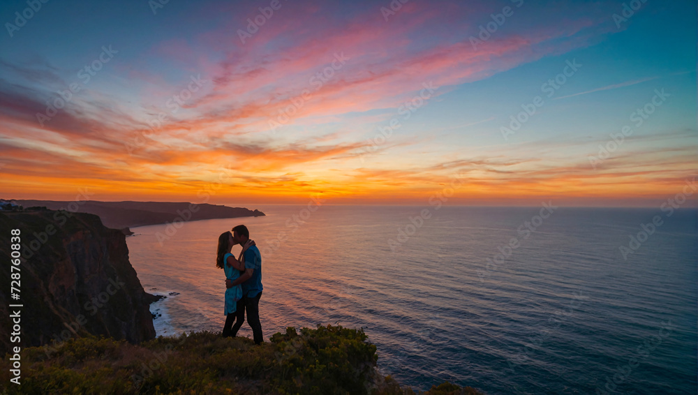 couple in love kissing on a cliff a sunset