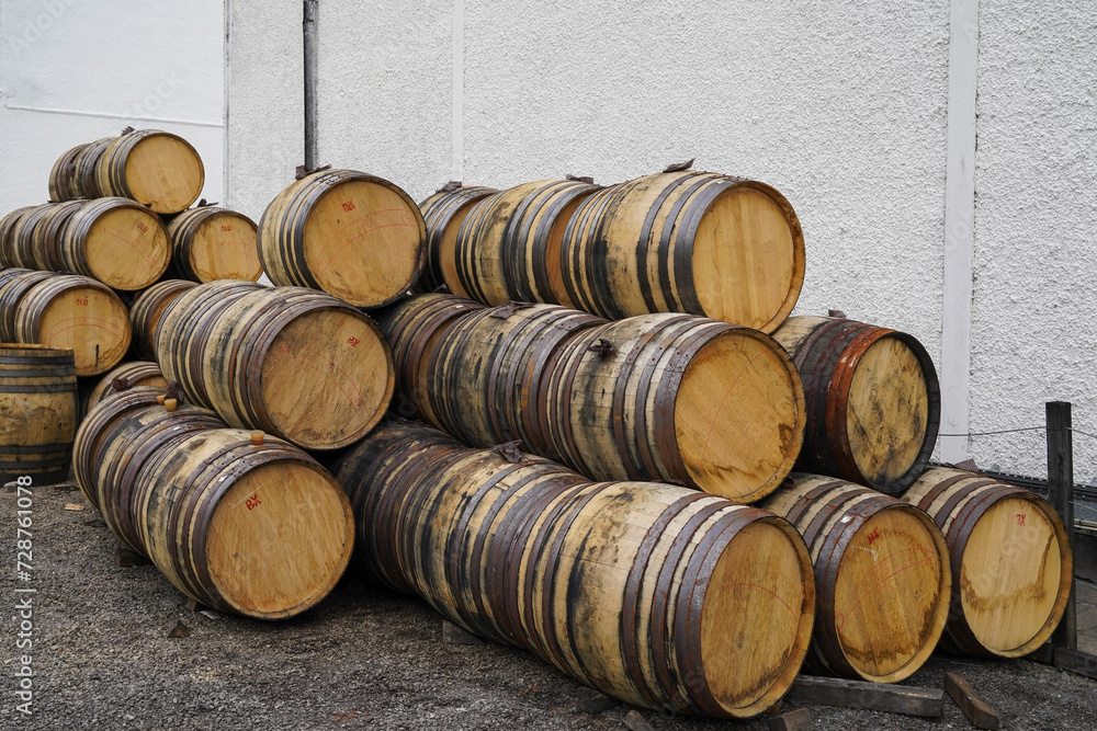 Empty whisky casks in a whisky distillery	