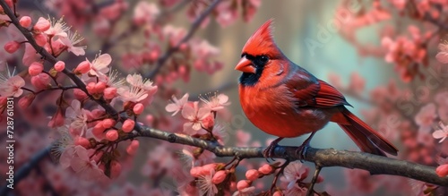 Red Cardinal bird perched on a tree that is blooming Flowers © kucret