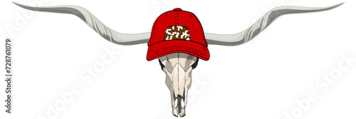 Texas longhorn Texas cow skull head with a rap cap isolated transparent without background ready for print