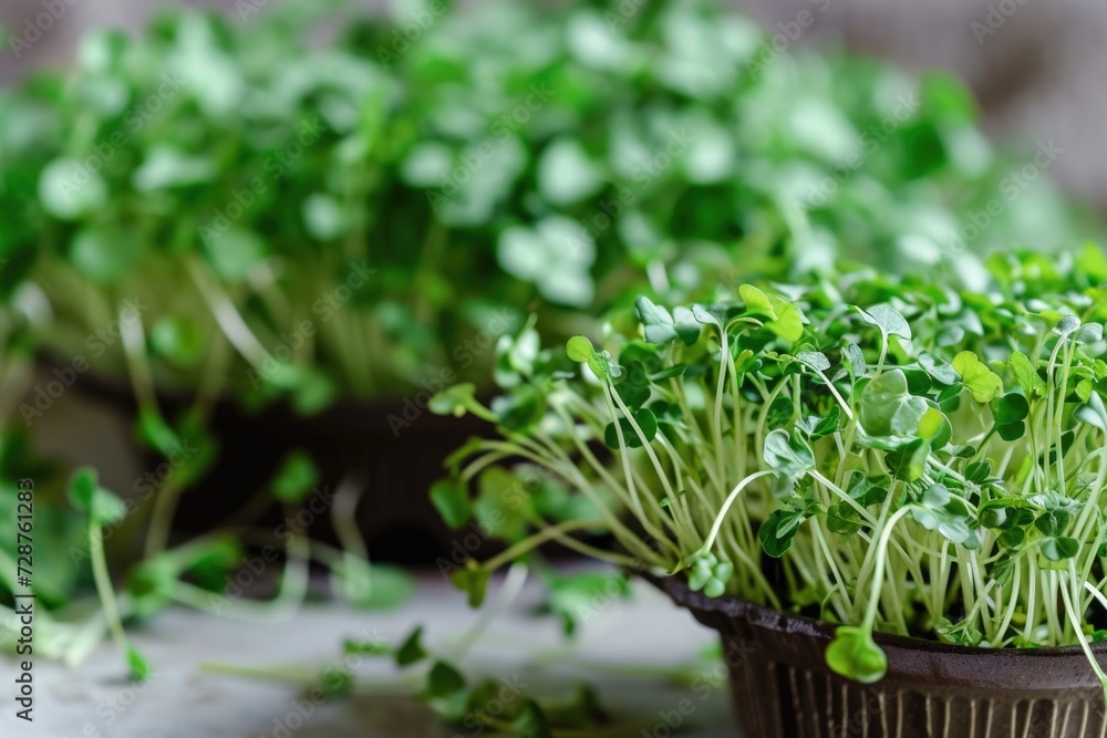 A close up of a cup of sprouts on a table. Healthy home grown microgreens. A close up of a cup of sprouts on a table. Healthy home grown microgreens.