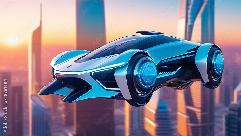 Gray flying car at sunset with wide wheels