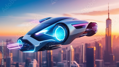 Blurred car in flight in the sky with neon lights at sunset