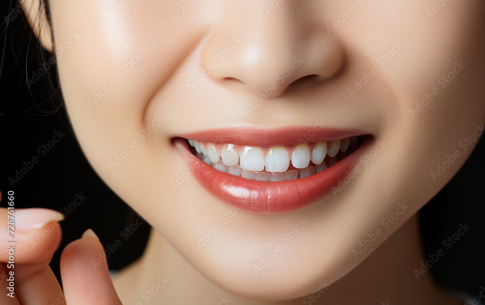 Fototapeta premium Professional illustration of a Japanese woman showing her teeth, ultra-realistic, accurate facial features, intricate details, and modern dentistry.