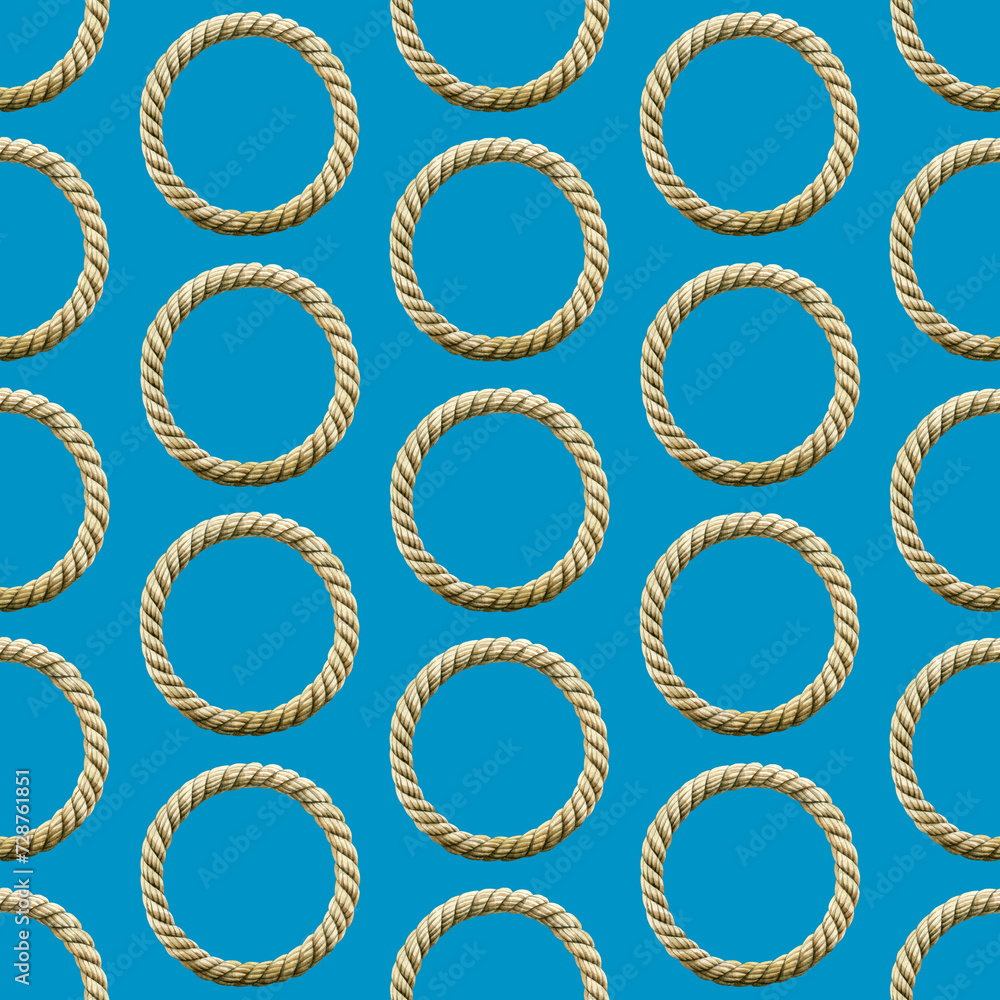 Seamless pattern watercolor Rope knot round. Ropes, rounded borders, decorative circles of marine cable frame. Endless loop twisted illustration. Nautical knot circle diagonal on blue background Seamless pattern watercolor Rope knot round. Ropes, rounded borders, decorative circles of marine cable frame. Endless loop twisted illustration. Nautical knot circle diagonal on blue background