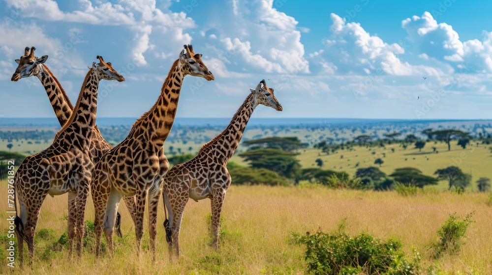 Obraz premium Four giraffe standing together in the wild park