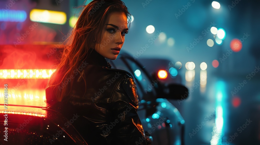 A girl with long hair looks at the camera against the background of the flashing lights of a police car A girl with long hair looks at the camera against the background of the flashing lights of a police car