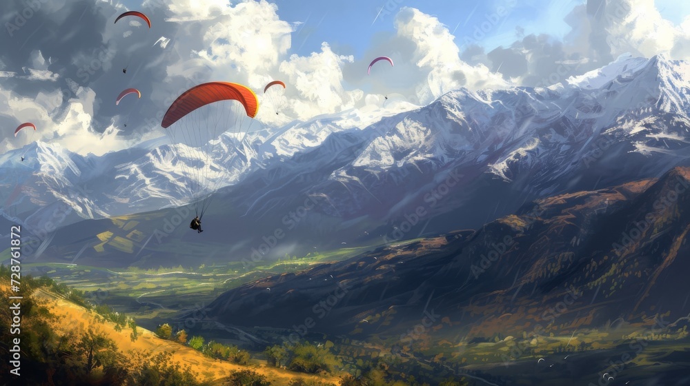 A group of people on paragliders descend on the background of mountains A group of people on paragliders descend on the background of mountains