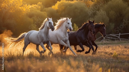 A group of thoroughbred horses gallop in the middle of the field