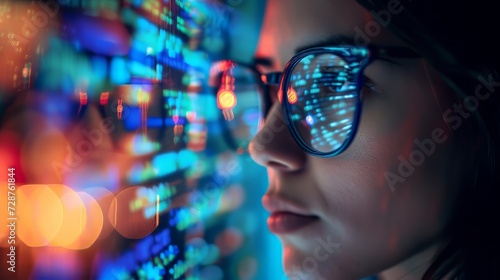 Woman wears glasses working on computer looking at programming code which reflecting in glasses