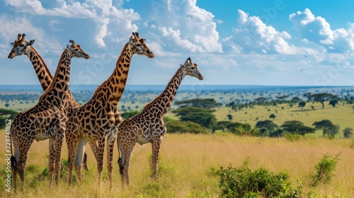Four giraffe standing together in the wild park © nazariykarkhut