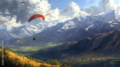 A group of people on paragliders descend on the background of mountains