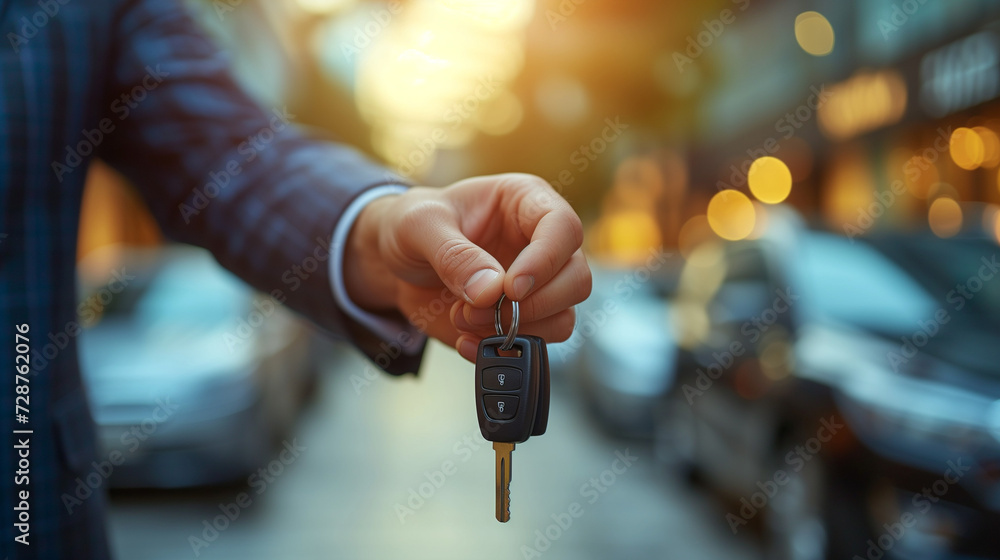 Hand of a car salesman handing over the key of the car or automobile after a purchase or sale.