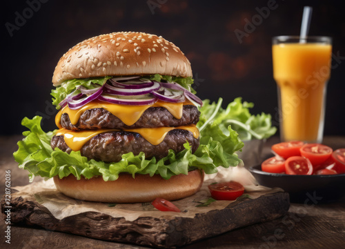 Delicious cheeseburger with fresh vegetables and juice on a dark background