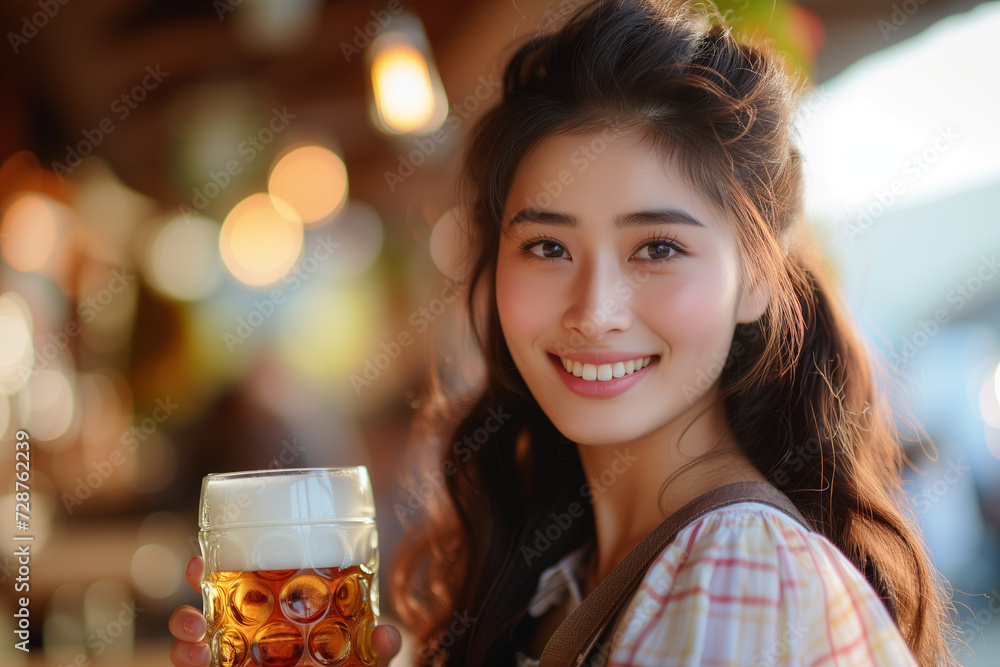 Asian woman drinking beer at Oktoberfest Asian woman drinking beer at Oktoberfest