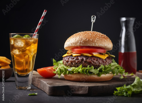 Delicious cheeseburger with fresh vegetables and juice on a dark background