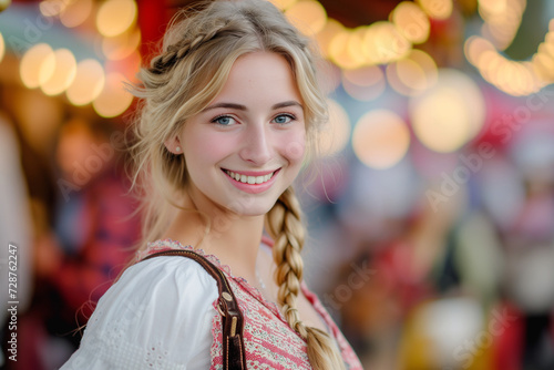 Blonde woman in traditional German clothes at Oktoberfest
