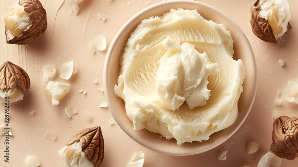 Whipped shea butter in ceramic bowl for skin nourishment, natural ingredients cosmetics. Organic body butter with natural shea on pastel background. Creamy shea spread for moisturizing skincare Whipped shea butter in ceramic bowl for skin nourishment, natural ingredients cosmetics. Organic body butter with natural shea on pastel background. Creamy shea spread for moisturizing skincare